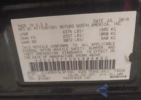 2011 Mitsubishi Galant Fe from USA, damaged, VIN 4A32B2FF5BE006082